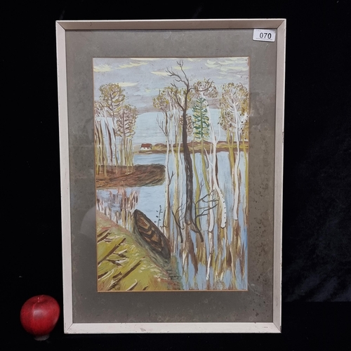 70 - An original gouache on paper painting featuring an expressionist scene of a lake with long flowing t... 