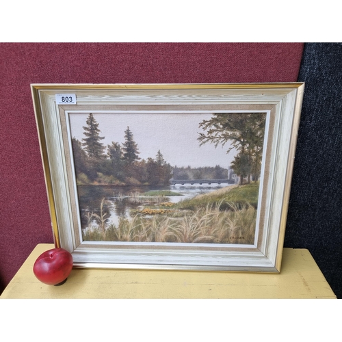 803 - A delightful original oil on canvas board painting titled 'River and Bridge near Ashford' featuring ... 