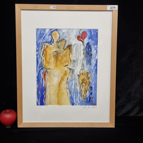 A wonderful original mixed media painting titled "Bodyheat and Wintercold" by the Swedish artist Birgitta Asgarde Asp. Features a striking composition in bold blues with lovers embracing. Signed BAA bottom right and housed in a high quality wooden frame.