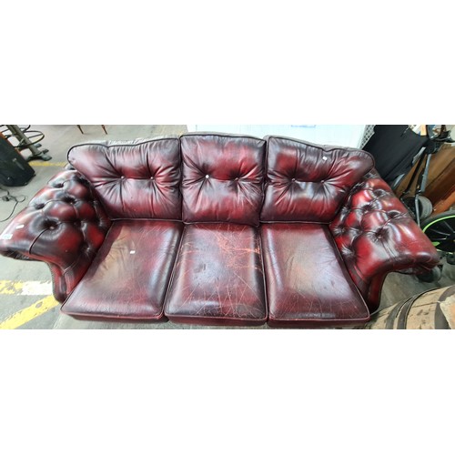 812 - A fabulous Chesterfield three seater couch in an ox blood red leather with button back cushions. In ... 