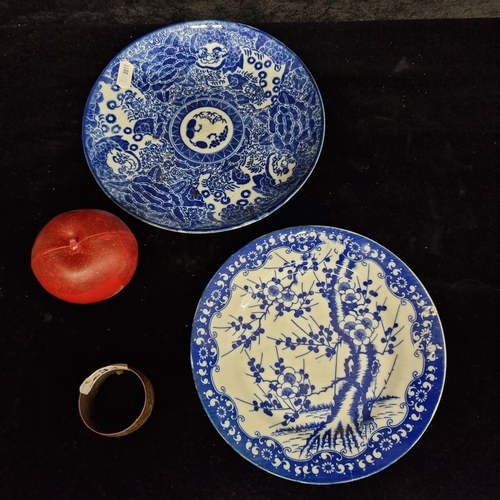 233 - A trio of pretty vintage Chinese table items, comprising of two profusely decorated blue and white p... 