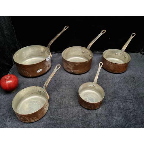 346 - A set of five vintage French made copper cooking pots by Les Cuivres de Faucogney in graduating size... 