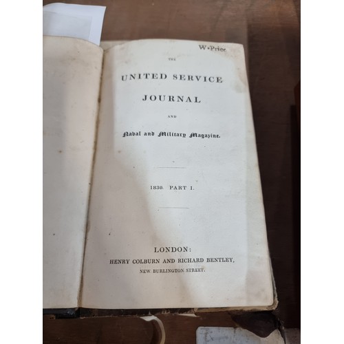 611 - Two antique hardback books including 'The United Service Journal and Naval Military Magazine', datin... 