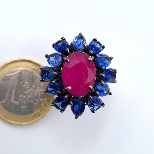 1 - Star Lot : A fabulous Ruby and Kyanite floral cluster ring, this stunning ring features a bright cen... 