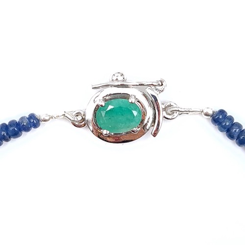 31 - A single strand 110 carat cabochon cut Blue Sapphire necklace, set with an Emerald sterling silver c... 