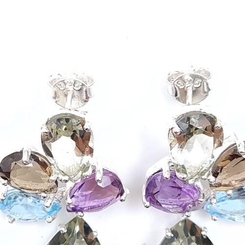 34 - A show stopping pair of Citrine, Blue Topaz, Amethyst and Peridot drop earrings. Set in sterling sil... 