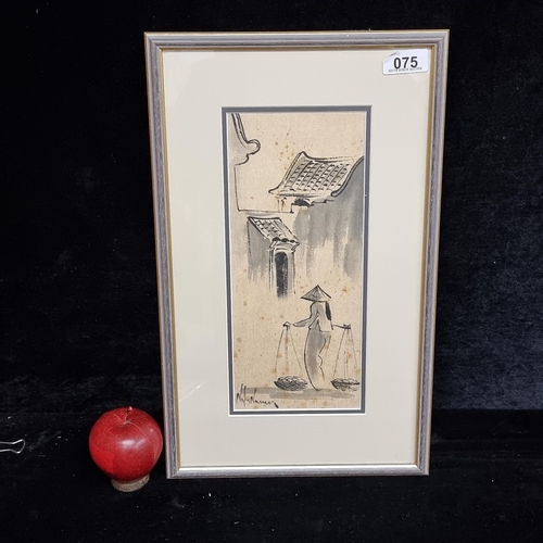 75 - An original ink wash on paper painting featuring a figure carrying goods down a street. Signed botto... 