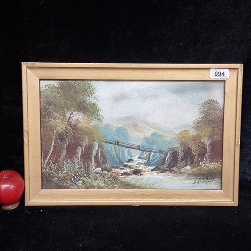 94 - A vintage original oil on board painting by the artist B Wallinger. Features a forested landscape sc... 