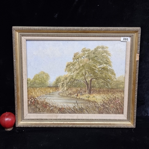 95 - A charming original oil on board painting featuring a scene of two figures leisurely fishing by the ... 