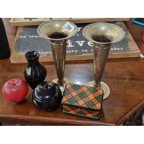 740 - A selection of five vintage collectables including a pair of EPNS trumpet vases and a hinged box wit... 