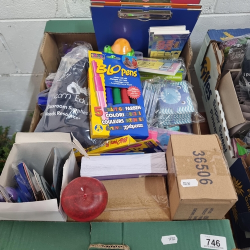 746 - A large box filled to the brim with brand new stationary equipment and office supplies. Including cl... 