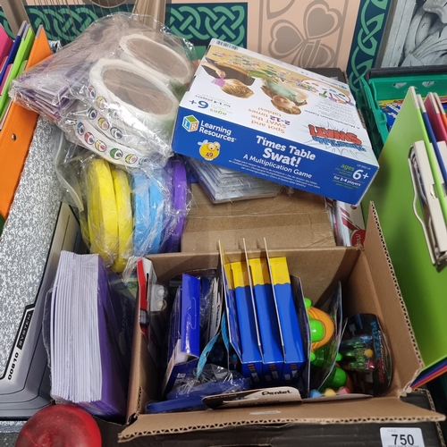 750 - A large box filled to the brim with brand new stationary equipment and office supplies. Including cl... 