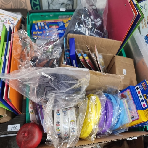 751 - A large box filled to the brim with brand new stationary equipment and office supplies. Including cl... 