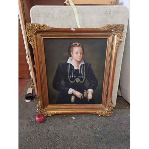 810 - A large original oil on canvas painting in the style of a Tudor portrait, featuring a woman in perio... 