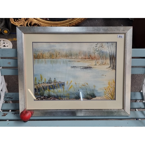 813 - A large original watercolour on paper painting showing a man and his son fishing at on a dock at a q... 