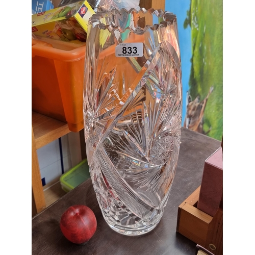 833 - A very large, very stylish cut glass vase. A heavy quality and beautiful looking piece in great cond... 