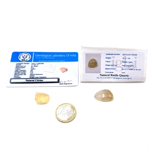 837 - Two certified stones,  including a natural Citrine of 13.15 carats. Together with a natural Quartz o... 