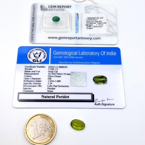 847 - Two certified gem stones, including a pretty natural Peridot of 3.1 carats. Together with a fabulous... 