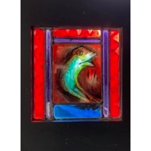 65 - A very heavy handmade original stained glass artwork depicting a fish in motion in tones of blues an... 