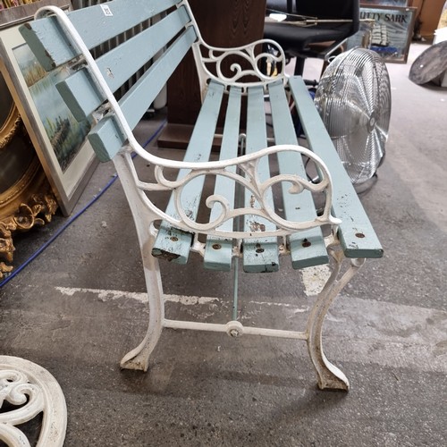 815 - Star lot : A charming antique outdoor garden bench with cast metal ends with scroll detail and  a wh... 