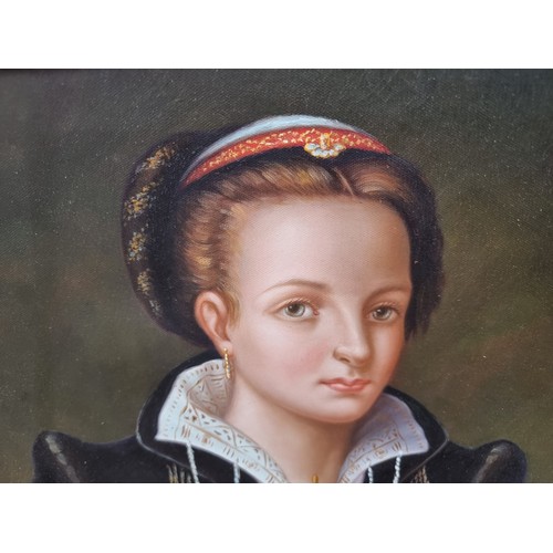 810 - A large original oil on canvas painting in the style of a Tudor portrait, featuring a woman in perio... 