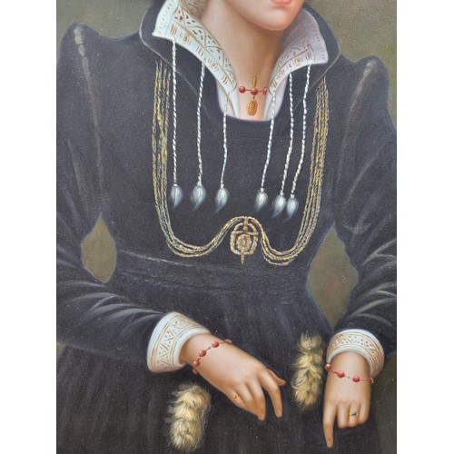 810 - A large original oil on canvas painting in the style of a Tudor portrait, featuring a woman in perio... 