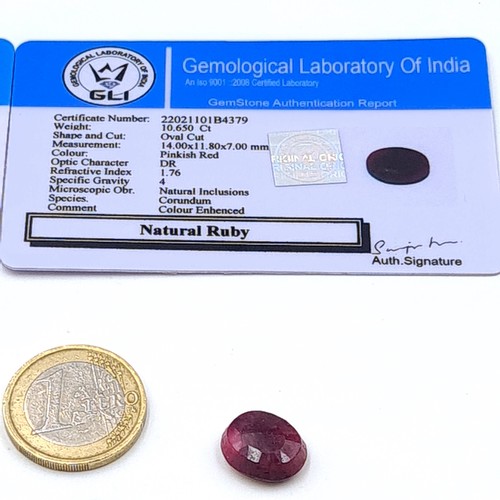 842 - Two certified gem stones, comprising of a pretty natural Ruby of a large 10.65 carats. Together with... 