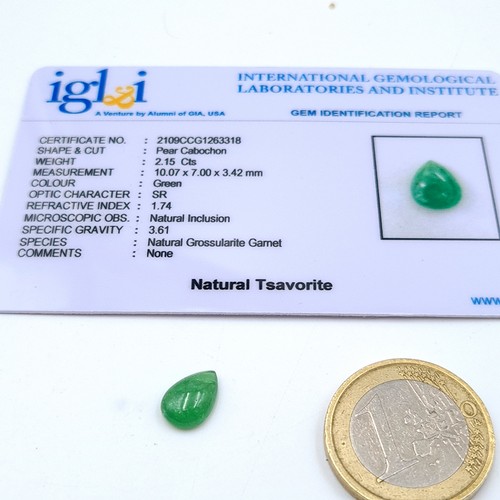 843 - Two certified gem stones, comprising of a bright natural Tsavroite of 2.15 carats. Together with a n... 