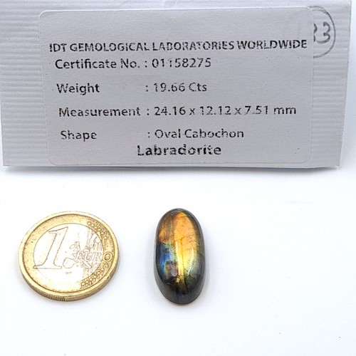 844 - Two certified gem stones, including a pretty Labradorite of 19.66 carats. Together with an unusual T... 