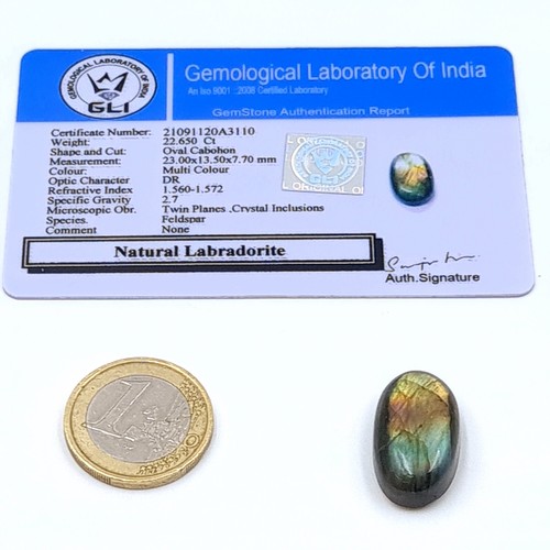 848 - Three natural certified gem stones, including a natural Labradorite of 31.7 carats. Together with a ... 