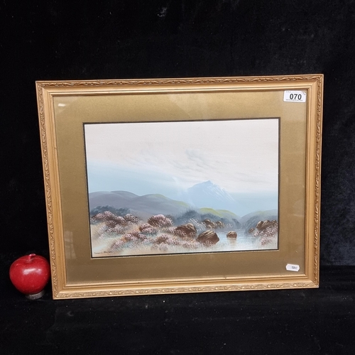 70 - A delightful original silk painting featuring an ethereal scene of a foggy mountain landscape with p... 