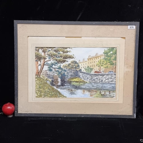 78 - A large original watercolour on paper painting featuring the Dublin canal with a stone bridge passin... 