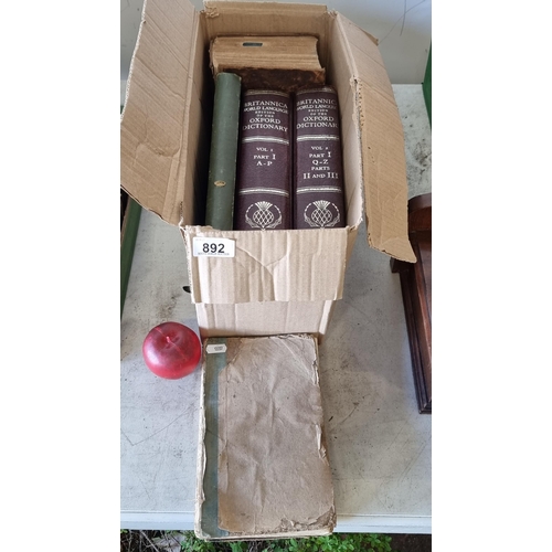 892 - A box of five antique and vintage books. Including a complete set of Volume I and II of Britannica W... 