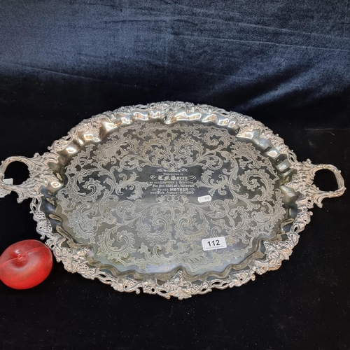 112 - A large and heavy silver plated tray. Sporting a charming engraved dedication reading ''Presented To... 