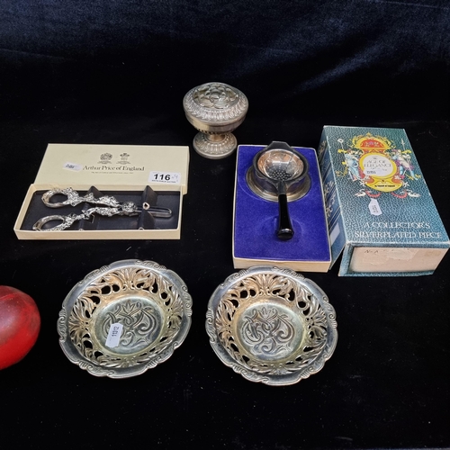 116 - A selection of five vintage silverplate and silver toned items. Including a pair of pierced Art Nouv... 