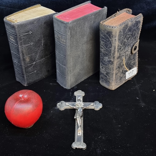 117 - A selection of four vintage religious items. Including a silver toned crucifix with three antique  b... 