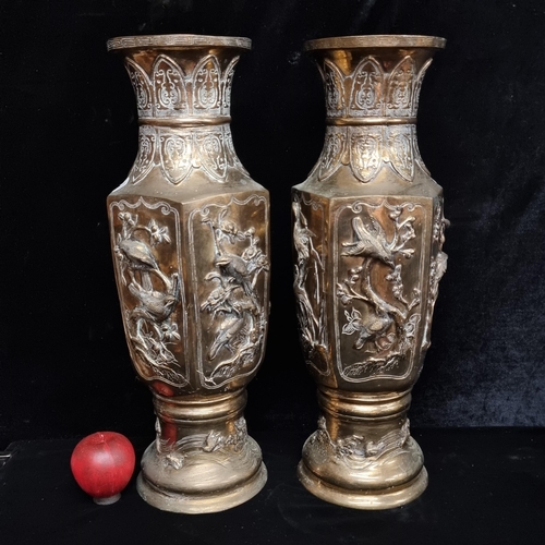 144 - Star Lot: A fabulous pair of large antique 19th century Japanese bronze and brass vases boasting a b... 