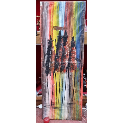 225 - A very striking and tall original acrylic on canvas painting featuring a figurative warrior group ho... 