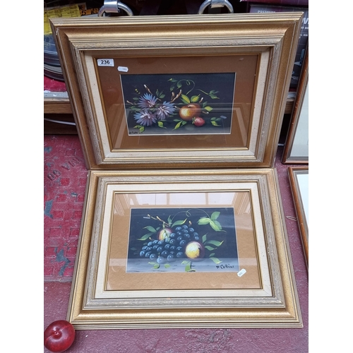 236 - A lovely pair of acrylic on paper paintings featuring still life studies of fruit and foliage. Nicel... 