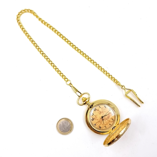 505 - A nicely embossed gilt toned quartz pocket watch, set with machine cut interior, a Grecian rider and... 