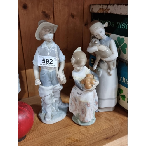 592 - A trio of porcelain Lladro figures. All in very good condition featuring young children in agricultu... 