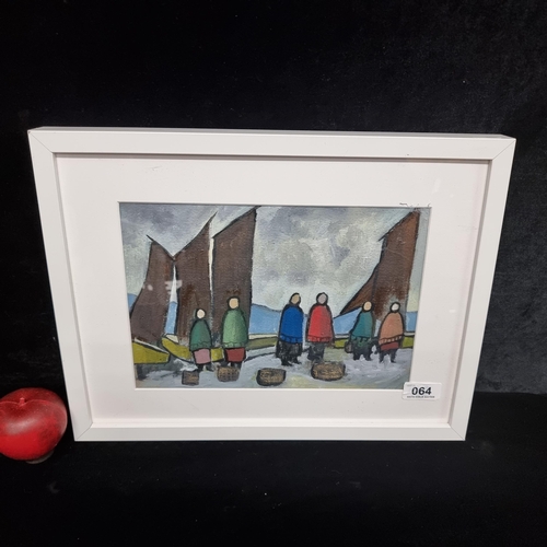 64 - An original acrylic on paper painting in the style of Markey Robinson. Features 'Shawlie' figures at... 