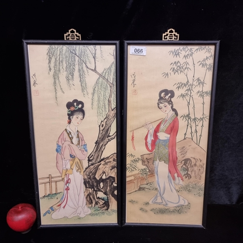 66 - A pair of vintage original ink on silk paintings featuring Chinese Yiji or Geji figures in garden se... 