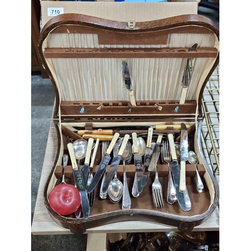 707 - A handsome antique bentwood cutlery canteen. Featuring a mixed lot of vintage cutlery including heav... 