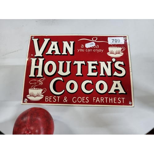 709 - An original Garnier made Van Houten's Cocoa enamel sign with the slogan ''Best Goes Farthest'' in cr... 