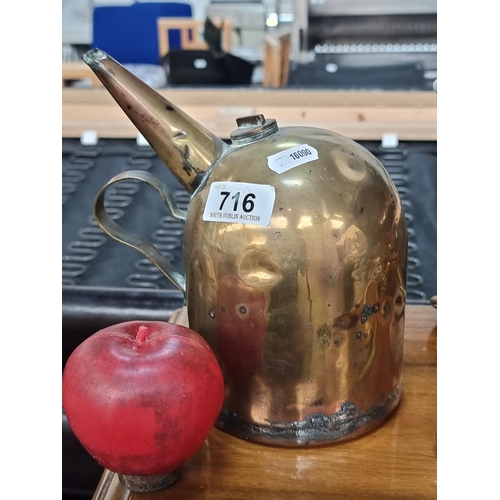 716 - A charming vintage brass boiler kettle with an extended spout and unusual handle placement. Possibly... 