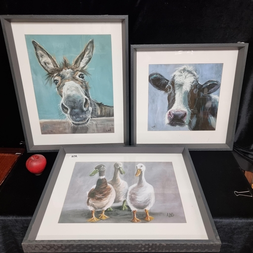 76 - Three gorgeous and characterful prints of farmyard animals including ducklings, a cow and a donkey, ... 