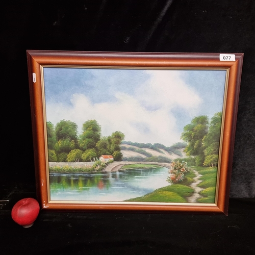 77 - A delightful original oil on canvas painting featuring a landscape view of a tranquil meandering riv... 