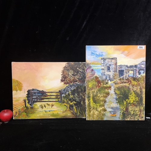 86 - Two original acrylic on canvas paintings showing sunlit landscapes with golden peach toned skies and... 