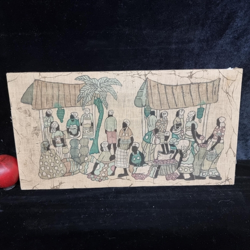 87 - A fabulous vintage batik on fabric artwork showing a figurative scene of a village market with stall... 